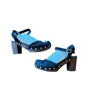 Alpe Woman Black Suede Studded Ankle Strap Block Heel Platforms Women's Size 7.5